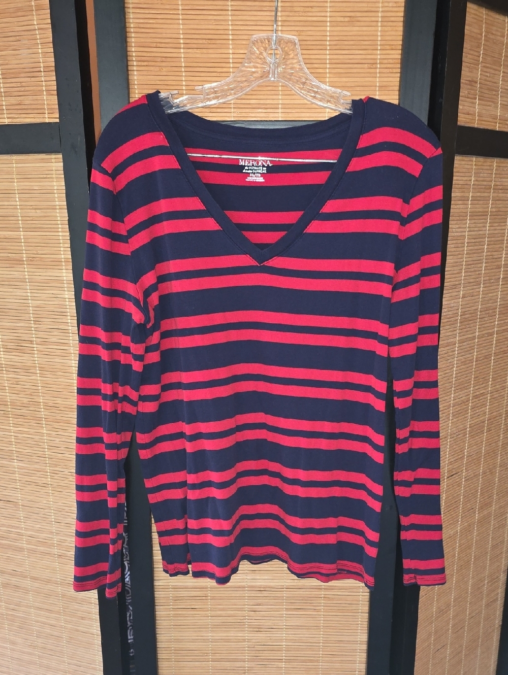 Merona Navy and Red Striped V-Neck Long Sleeve Shirt